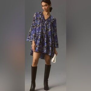 NWT Anthropologie Dhruv Kapoor Long Sleeve Printed Babydoll Mini Dress Blue XL